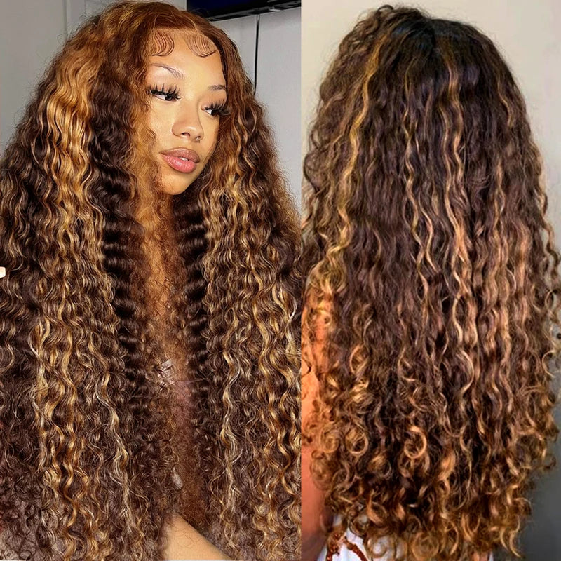 Curly Lace Front Human Hair Wigs - Highlight Honey Brown 13x6 13x4 Ombre Options