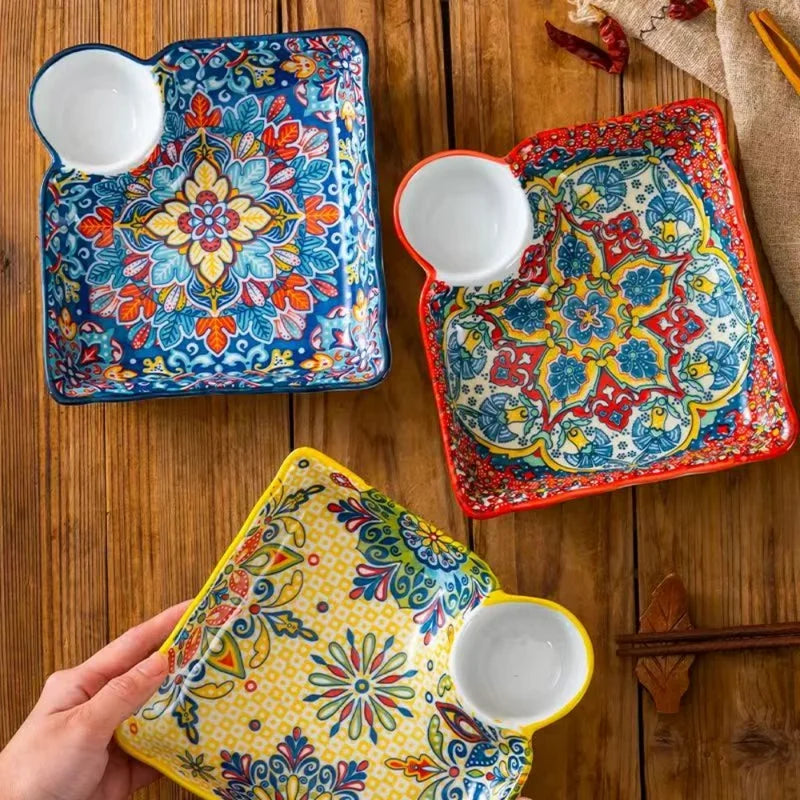 Bohemian Ceramic Dumpling Plate with Vinegar Dish - Segmented Breakfast Serving Plate