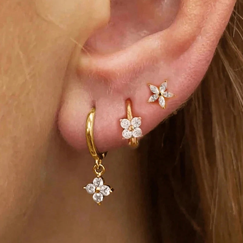 3PCS Stainless Steel Zircon Flower Earring Set for Women Hypoallergenic Jewelry