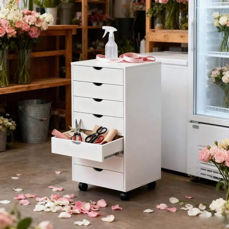 7-Drawer Portable Storage Cabinet on Wheels for Office Bedroom Organization, White