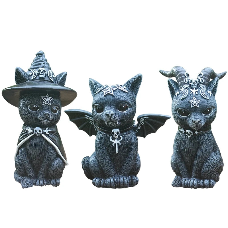 Halloween Garden Witch Cat Sculpture - Gothic Miniature Wizard Ornament