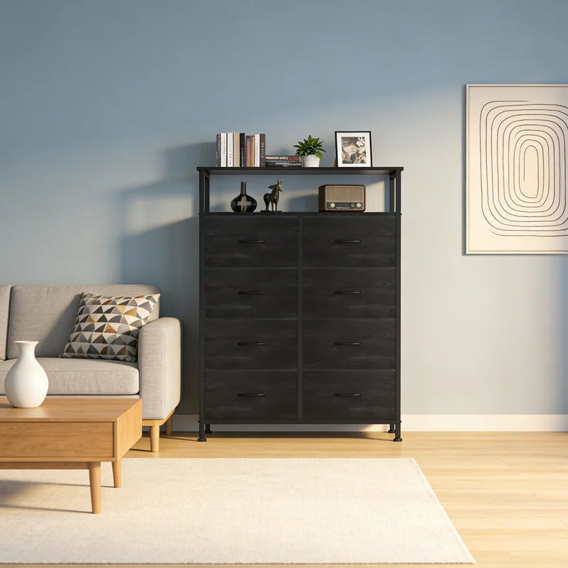 Wooden Top TV Stand with 8 Fabric Drawers and Charging Station — Living Room Storage Furniture