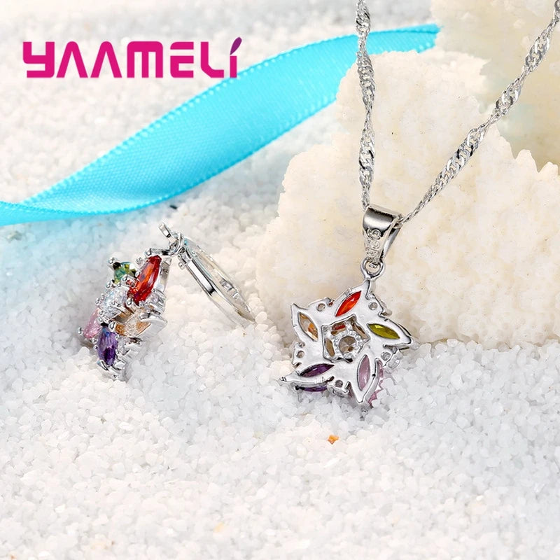Colorful Sterling Silver Pendant Necklace & Earrings Set with Crystal Stones - Romantic Ethnic Style Windmill Design