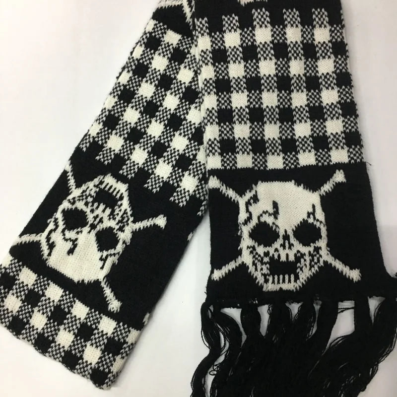 Gothic Halloween Skull Scarf for Women Men - Dark Knit Wrap with Tassels and Fringes