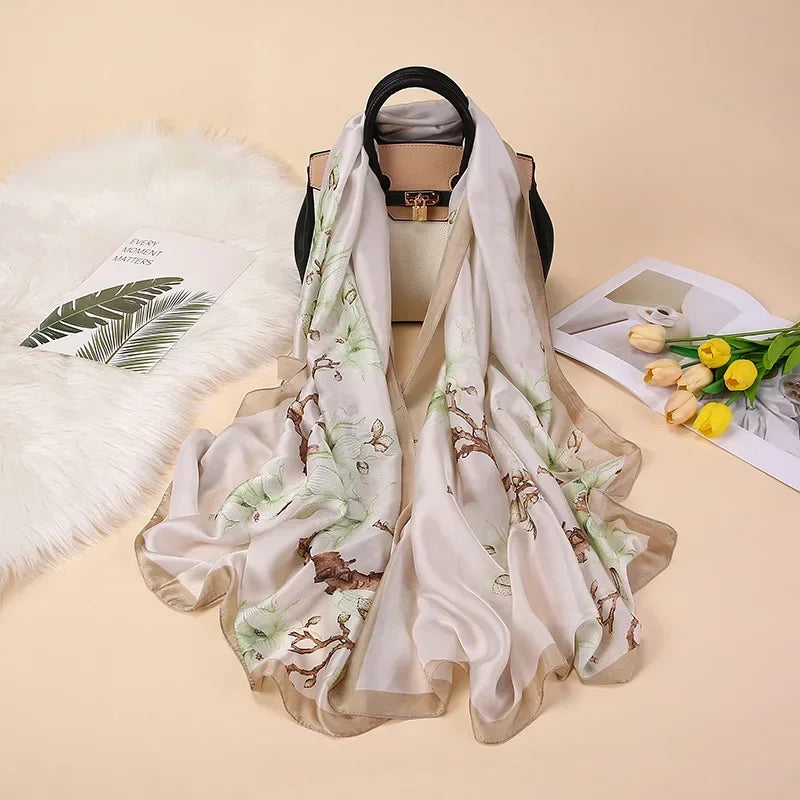 Silky Women's Scarf with Orchid Blossom Print - Lightweight Dressy Wrap for Evening Gowns