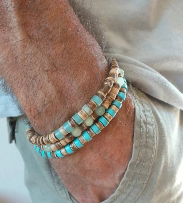 Beaded Wooden Bracelets for Men and Women - Handmade Turquoise & Natural Wood Stretch Jewelry