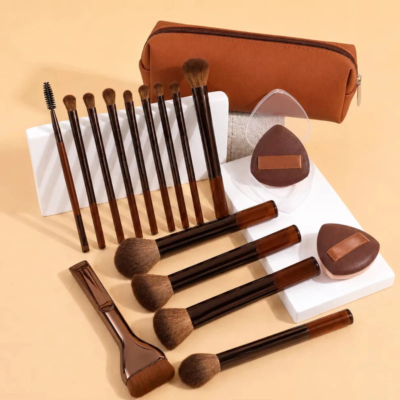 14-Piece Makeup Brush Set with Sponges & Makeup Bag - Eco-Friendly Handles