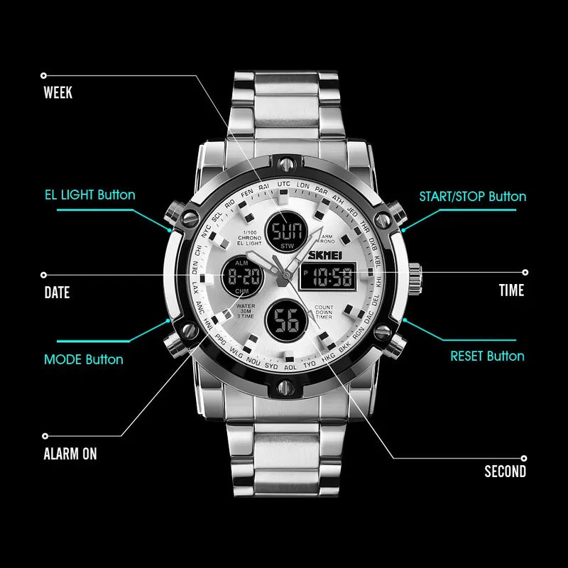 Men's Digital Sport Watch with Full Steel Strap and Countdown Timer