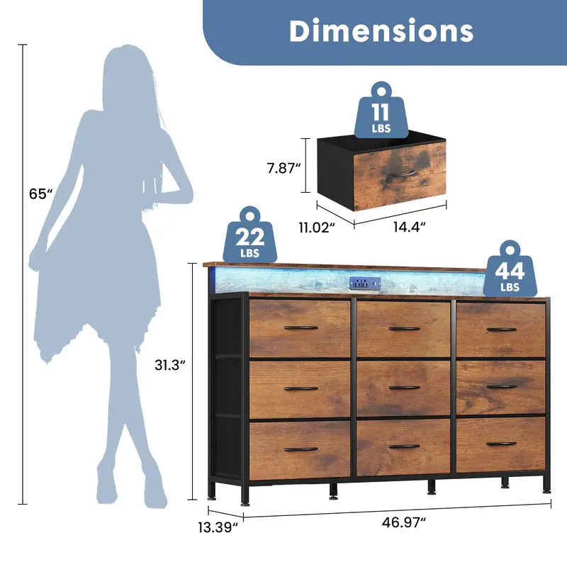 Large TV Stand with 9 Fabric Drawers and Built-In Charging Station for 32-52 Inch TVs