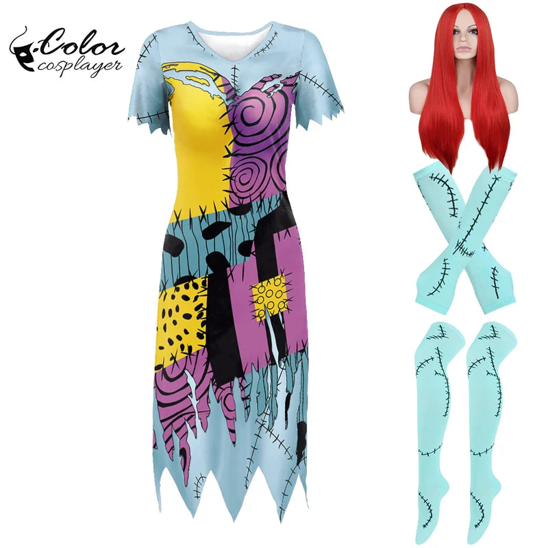 Halloween Sally Costume Dress Set for Women with Wig and Socks - Cosplay & Party Outfit