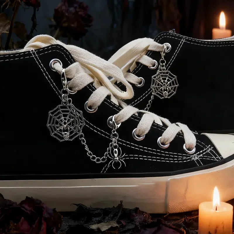 Gothic Halloween Shoe Chain with Spider Web & Spider Accent - Punk Dark Style Shoe Decoration