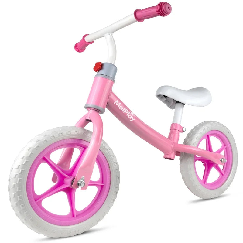 Kids 12-inch Pink and White Balance Bike with EVA Wheels - Lightweight & Adjustable