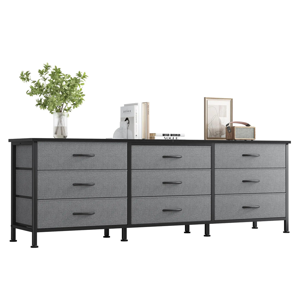Long Living Room Cabinet with 9 Fabric Drawers - TV Storage & Display Furniture