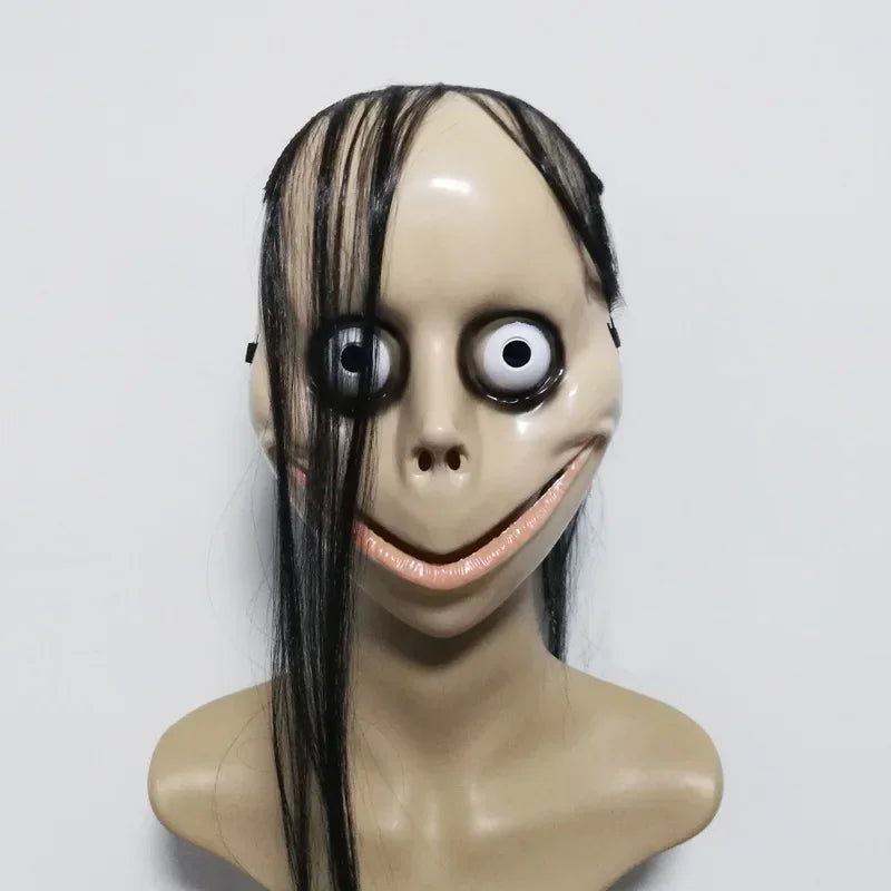 Halloween Ghost Mask with Long Hair for Cosplay & Roleplay - V-Shaped Mouth Costume Mask