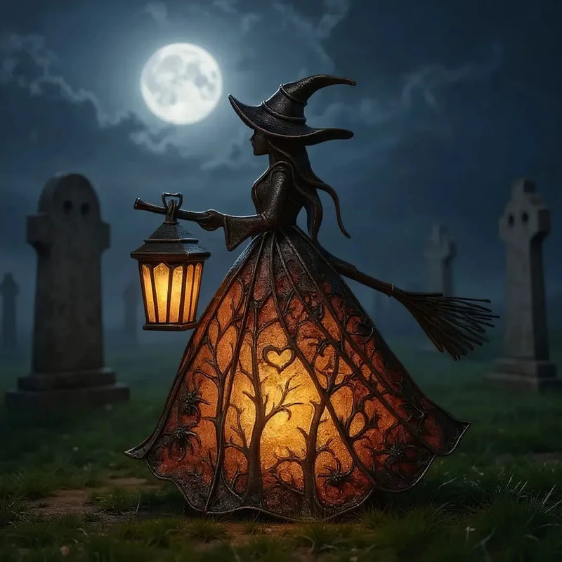 Halloween Witch Lantern LED Night Light Gothic Home Decor with Broom