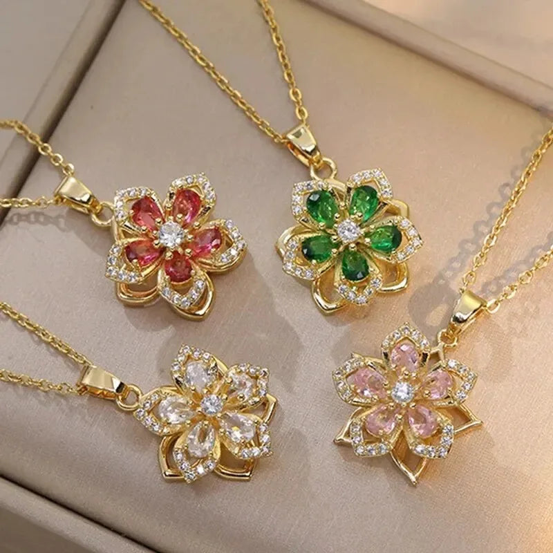 Luxury Zircon Flower Pendant Necklace for Women Gold Tone Chain Jewelry