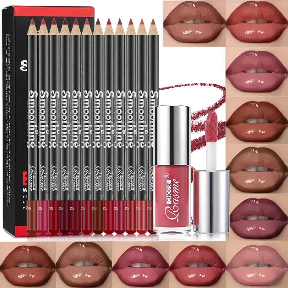 Long-Lasting Waterproof Lip Liner & Gloss Set - 12 Shades for Flawless Pout