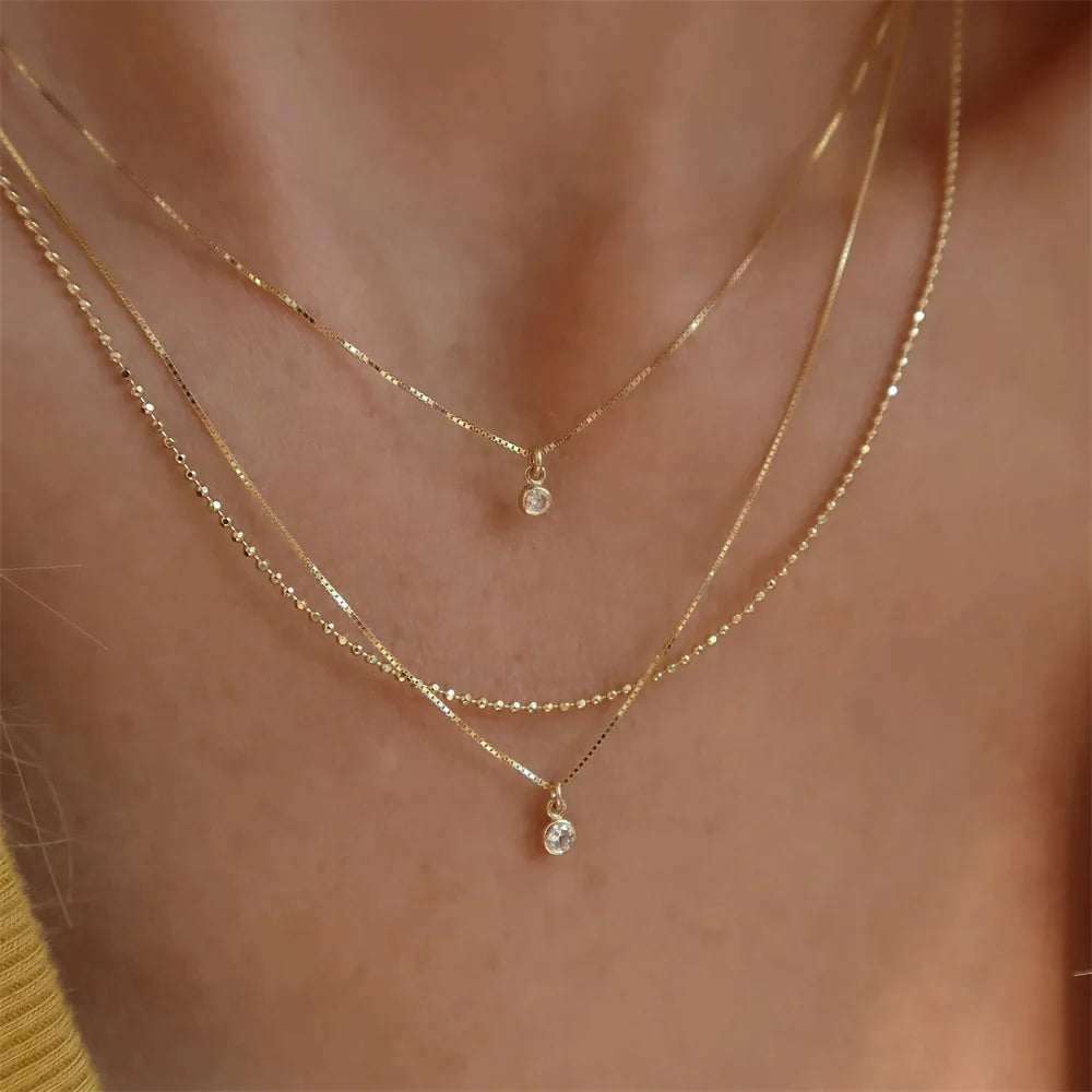 Boho Gold Multilevel Geometric Chain Necklace with Crystal Pendant for Women
