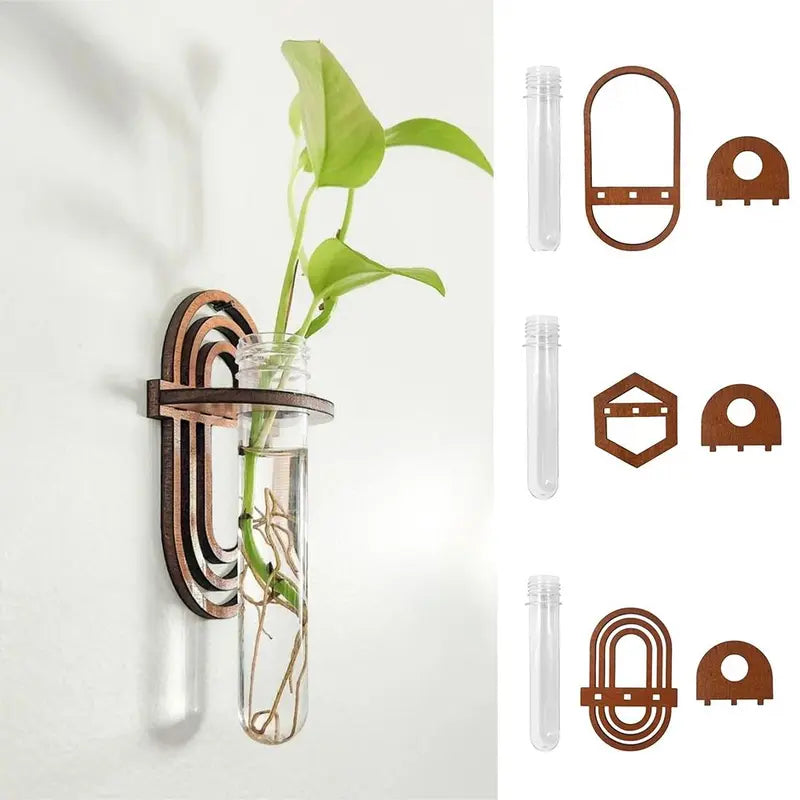 Wood Hydroponic Plant Wall Rack with Vase Holder for Home Decor