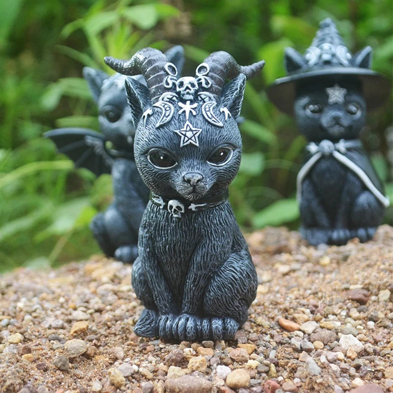 Halloween Garden Witch Cat Sculpture - Gothic Miniature Wizard Ornament