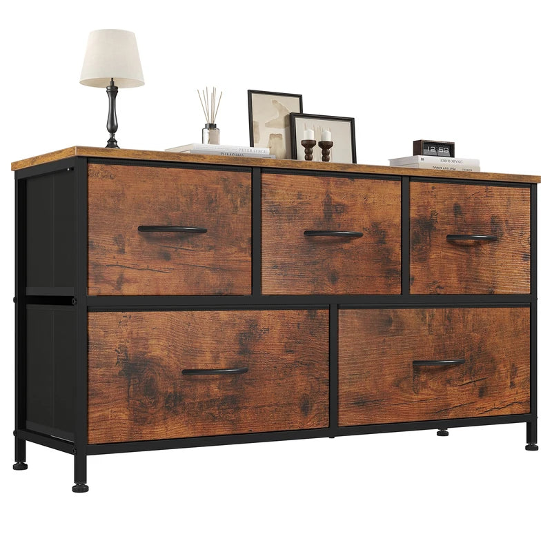 5-Drawer Fabric Dresser with Wooden Top and Metal Frame for Bedroom & Living Room Storage