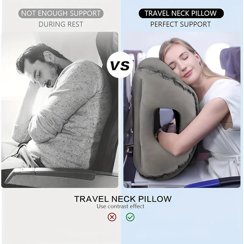 Inflatable Travel Neck Pillow with Chin Support for Airplane Car Office Resting