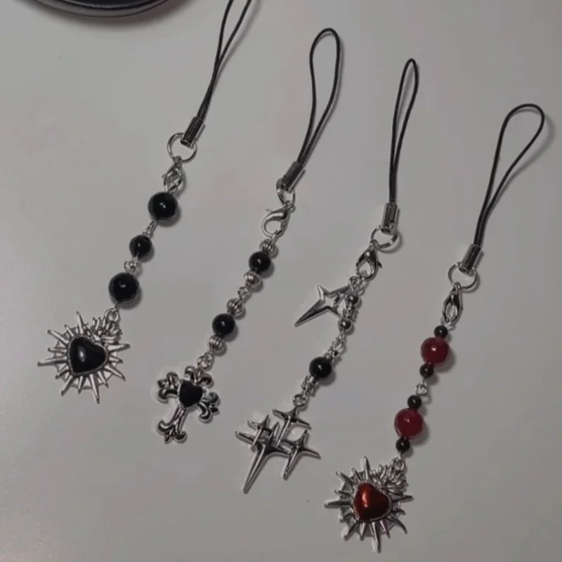 Gothic Phone Charm Necklace with Cross and Star - Handmade Y2K Neo Gothic Accessory