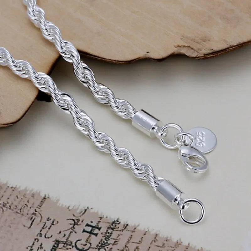 Silver Plated Twisted Rope Bracelet for Women & Men - 8 Inch Jewelry Chain