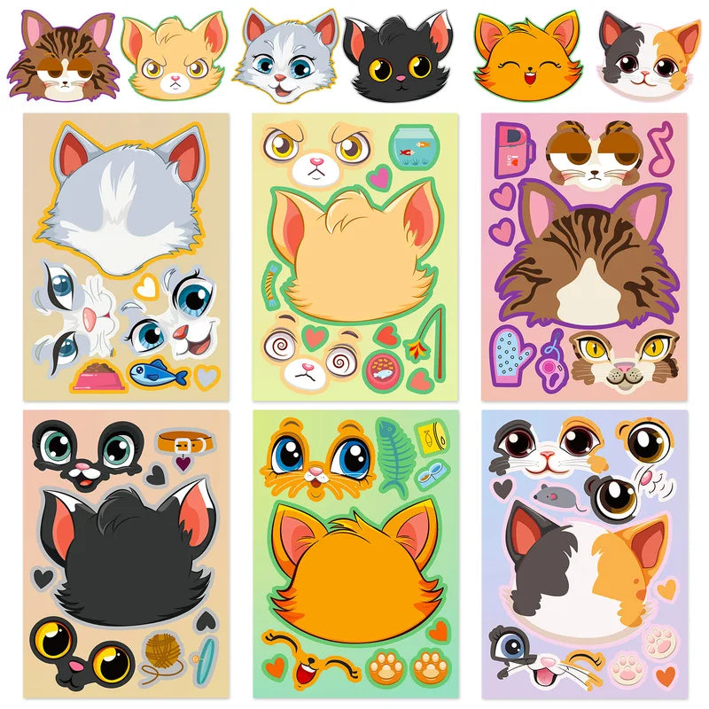 6pcs Cartoon Cat Face Changing Puzzle Stickers Kids DIY Face Toy Animal Accessories