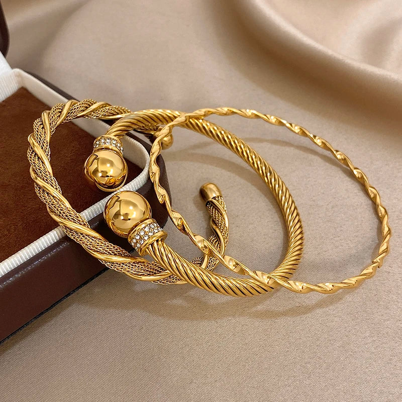 Warp Twine C-Shaped Open Men's & Women's Bracelet Jewelry Set - Stainless Steel