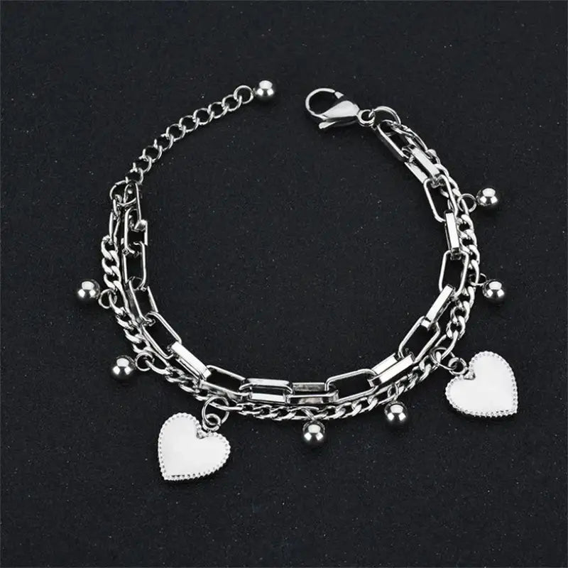 Women’s 2-Layer Heart Charm Chain Bracelet Stainless Steel Jewelry Trendy Gift