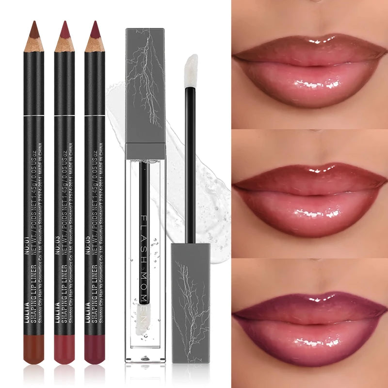 4-Pack Lip Liner and Lip Oil Set - Defined Contours & Moisturizing Shine