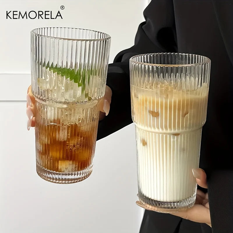 600ML Stripe Glass Coffee Cup with Lid and Straw - Transparent Drinkware for Cold Beverages