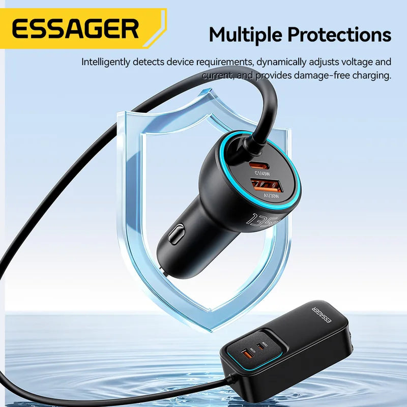 Dual Retractable Car Charger Cable 135W Fast Charging for iPhone, Samsung, Huawei, Laptop