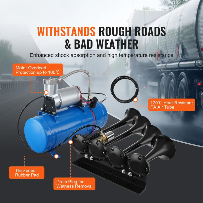 Train Horns Kit 4 Trumpets 150dB Air Horn System with Compressor and Tank