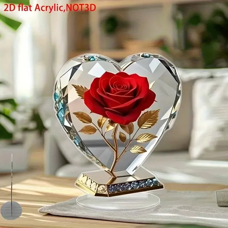 Heart-Shaped Rose Acrylic Desktop Sculpture - Elegant Office & Home Decor