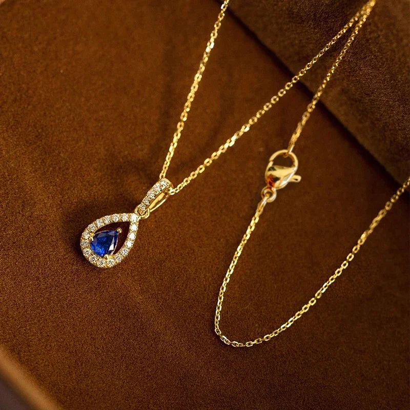 Gold Color Waterdrop Pendant Necklace with Blue Cubic Zirconia for Women