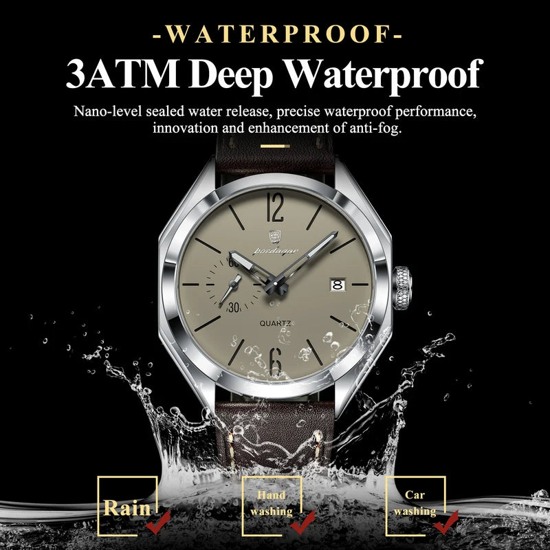 Men's Waterproof Leather Quartz Watch with Luminous Dial and Date - Business Style