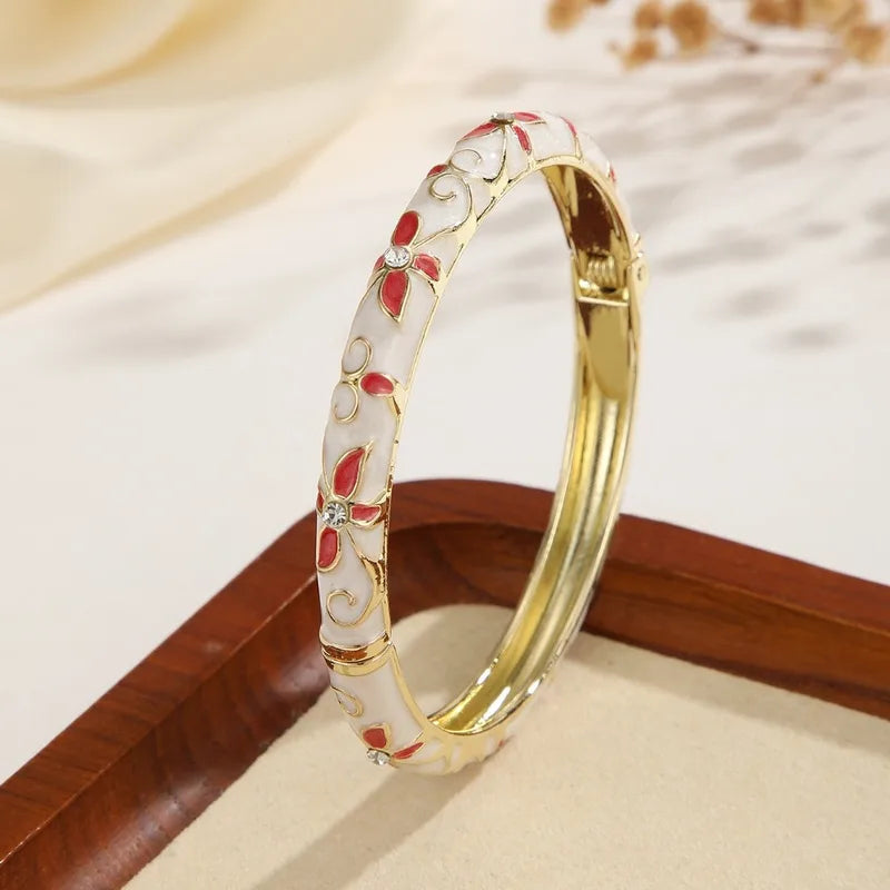 Colorful Floral Enamel Bracelet for Women - Gold Tone Open Cuff Jewelry