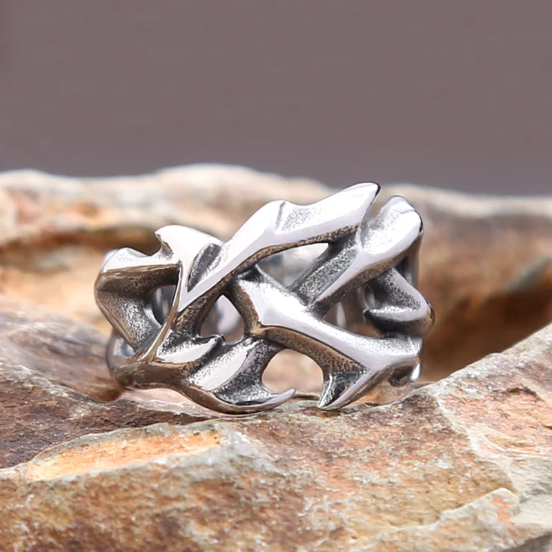 Vintage Hollow Out Crown of Thorns Ring for Men Women Stainless Steel Punk Biker Jewelry