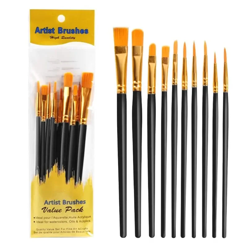 10-Piece Paint Brush Set - Nylon Hair Art & Craft Brushes for Acrylic, Watercolor, Oil, Nail & Face Painting