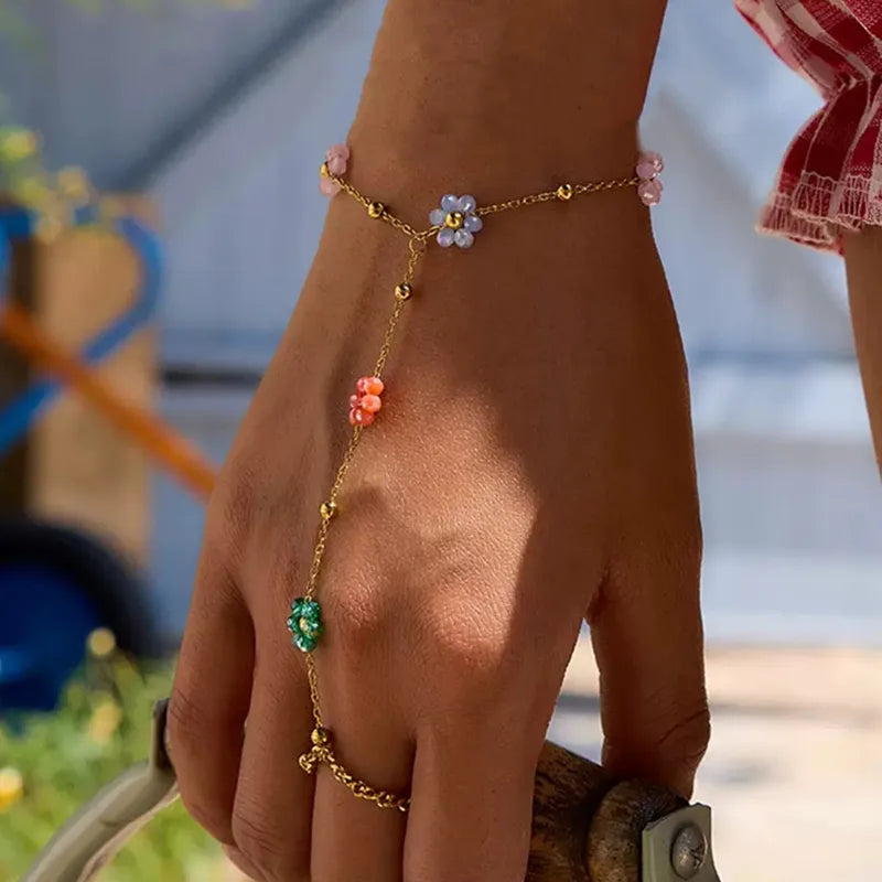 Colorful Crystal Beaded Flower Hand Chain Bracelet for Women Stainless Steel Jewelry