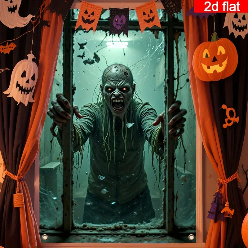 Halloween Window Banner with Zombie Hands & Cracked Glass Design - Polyester Decoration