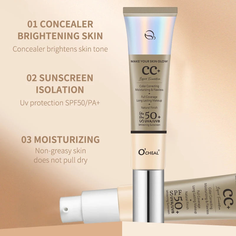 Waterproof CC Cream Foundation with SPF 50+ - Long-Lasting Moisturizing Concealer & Brightening Primer