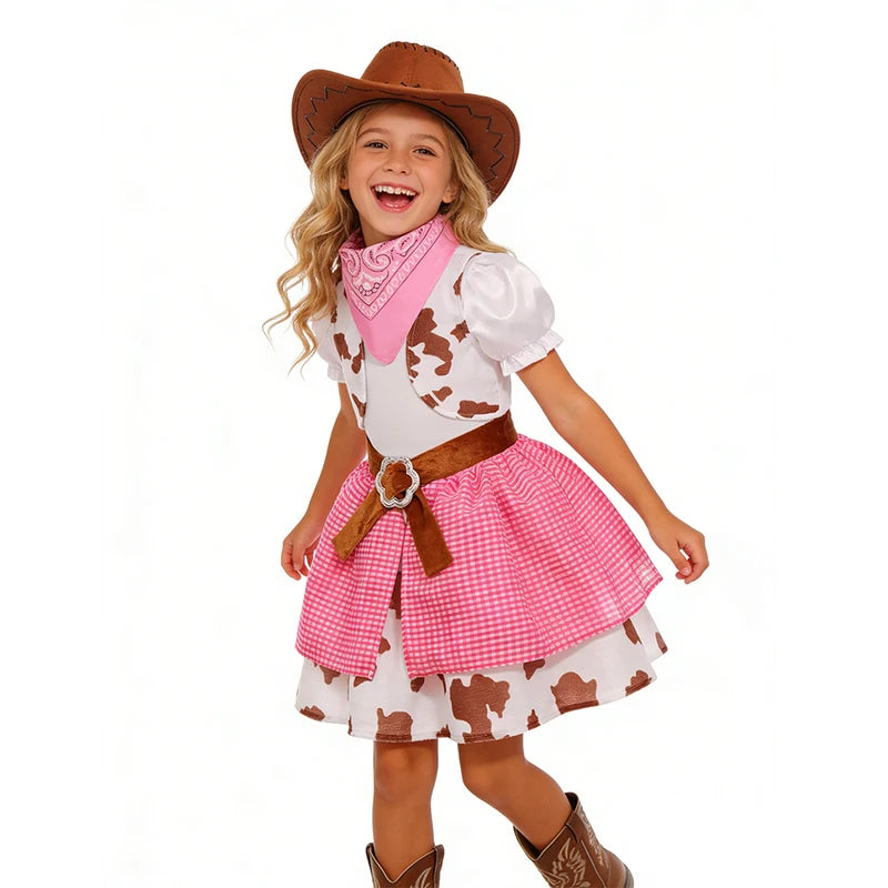 Girls Cowgirl Costume Dress with Cowboy Hat for Halloween and Parties