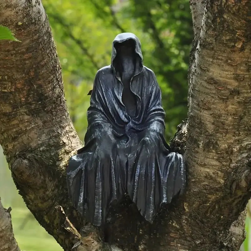 Gothic Black Garden Sculpture Sitting Reaper Halloween Decor Statue