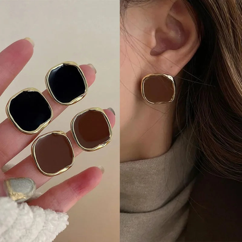 Vintage Irregular Geometry Square Stud Earrings for Women - Black Enamel, Trendy Party Jewelry