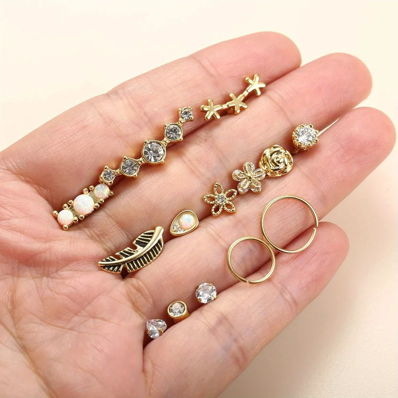 Stainless Steel Cartilage Earrings Set - Helix Hoop Studs with Opal & Shiny CZ