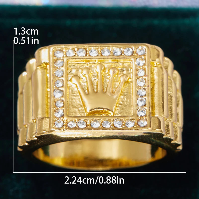 Luxury Men's Zircon Inlaid Gold Ring with Crown Pattern - Multiple Sizes