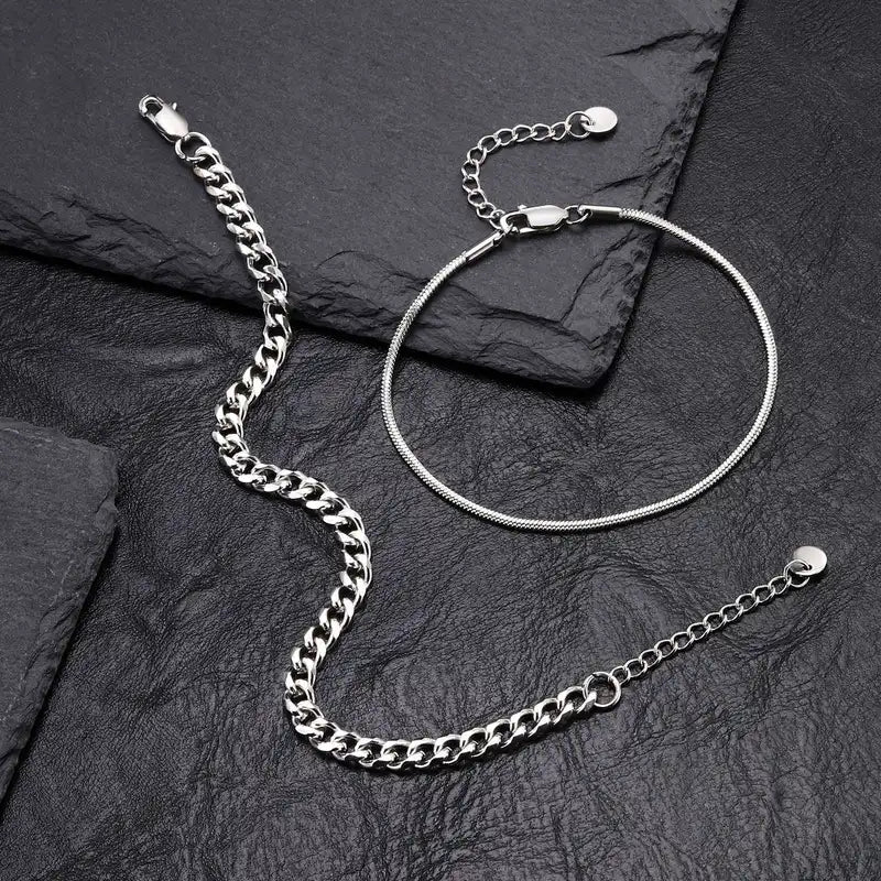2pcs Men's & Boys Waterproof Stainless Steel Chain Bracelets - Stylish Gift for Dad & Him